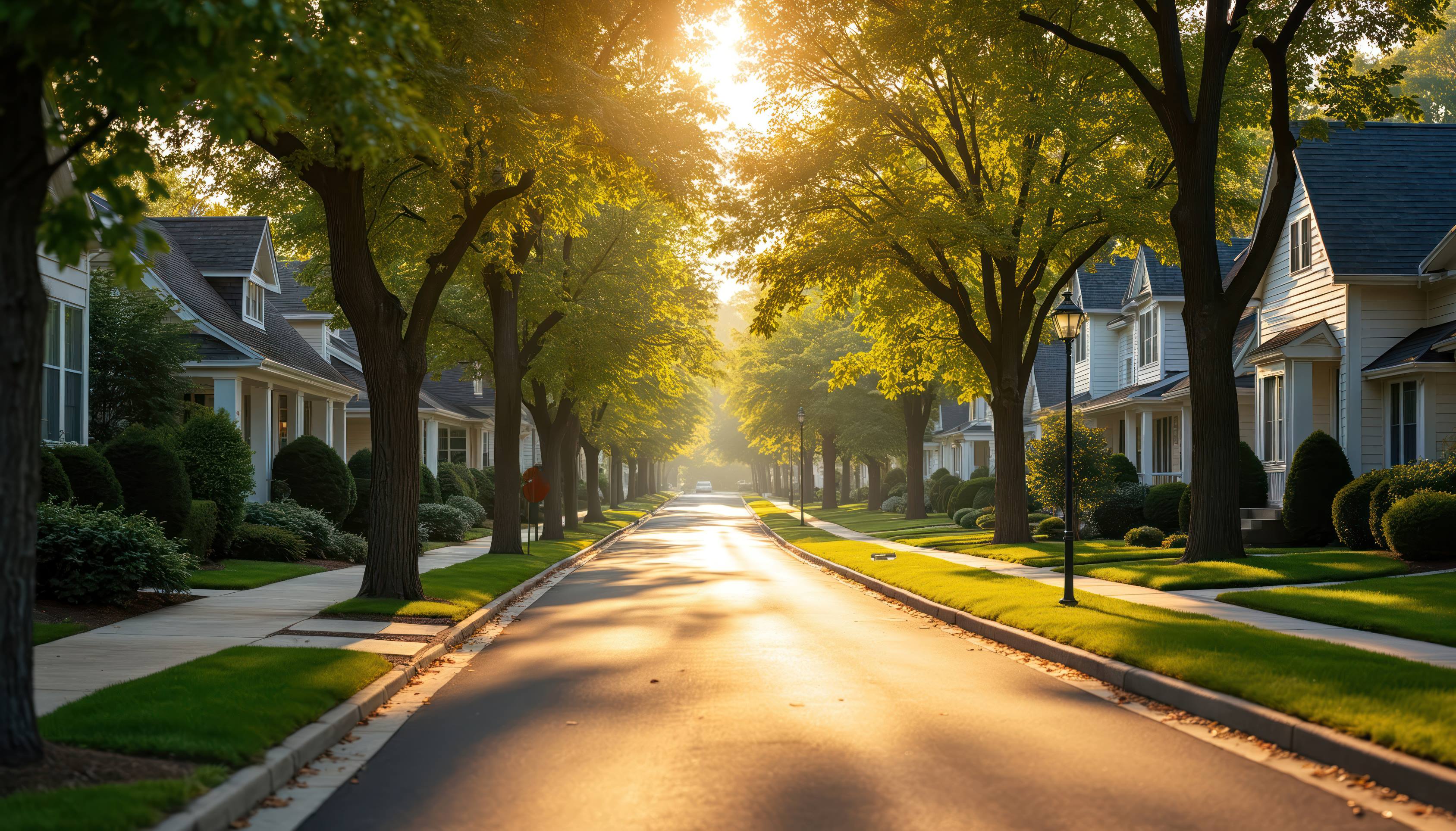 Quiet suburban street with houses, green trees. Peaceful residential neighborhood in warm morning sun